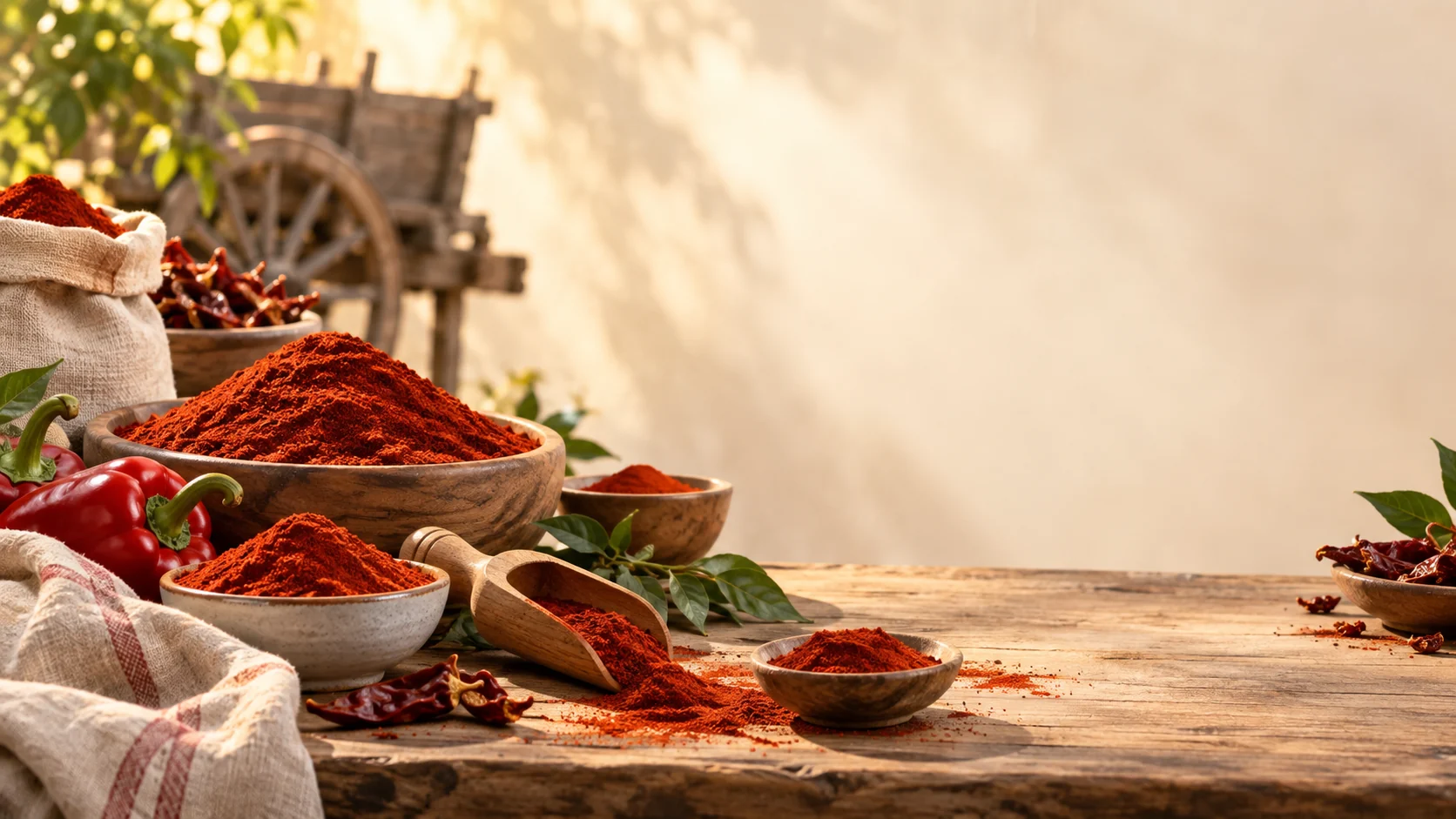 Paprika en cuencos artesanales con ajíes sobre una mesa