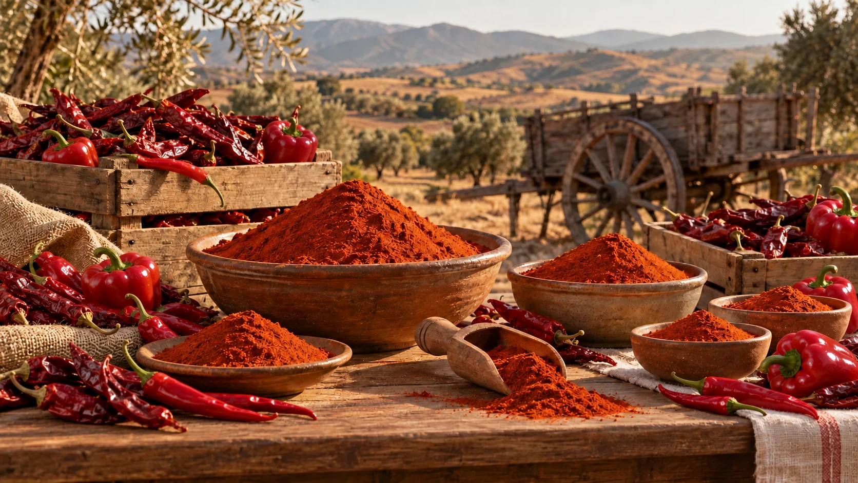 Ajíes en vaina, pimentones rojos y cuencos con paprika sobre una mesa campestre